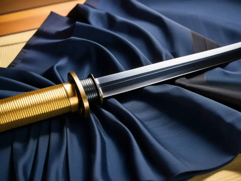 La imagen muestra una katana sobre un hakama plegado en un dojo tradicional