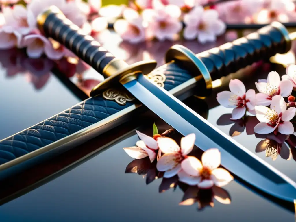 La imagen muestra una katana japonesa descansando sobre pétalos de flor de cerezo, con detalles elaborados en la hoja y el mango envuelto en seda