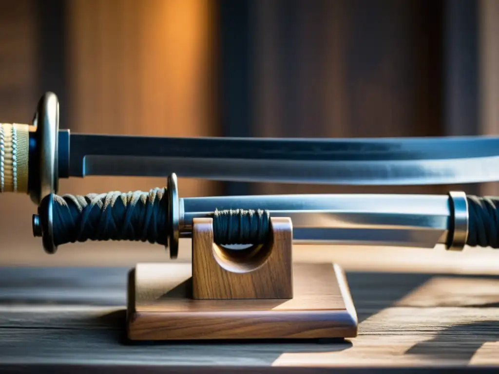 Imagen de una katana japonesa en un soporte de madera, con patrón de acero ondulado