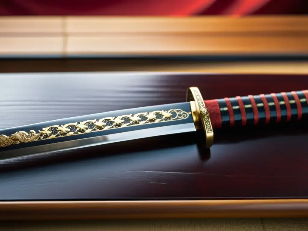 Una imagen de alta resolución de una katana tradicional descansando en un soporte de madera pulida