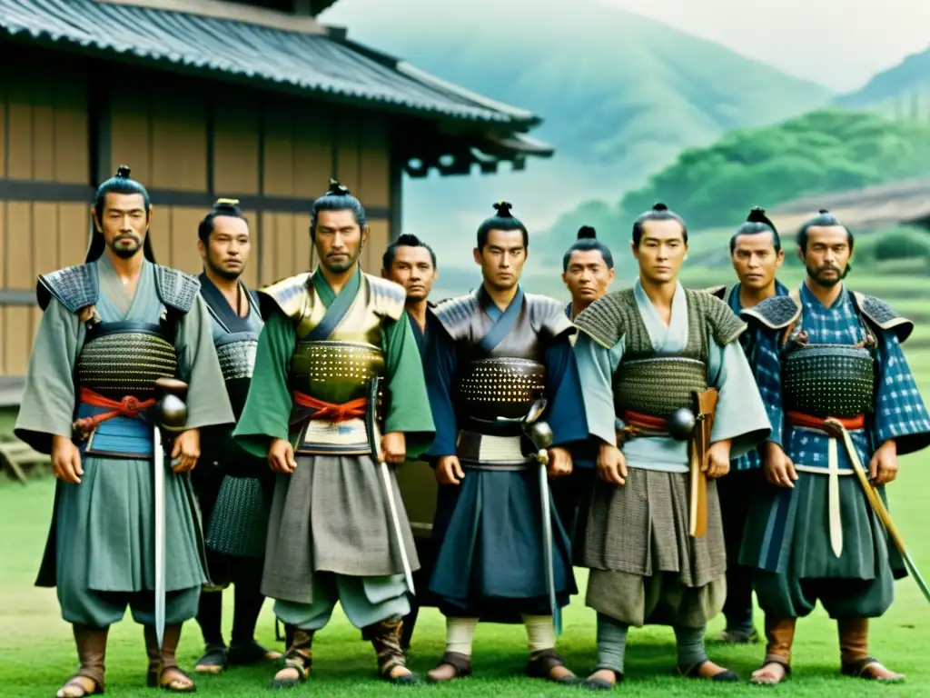 Imagen de los siete legendarios samuráis, con expresiones serias y armaduras tradicionales, evocando el impacto cultural de los samuráis en el cine