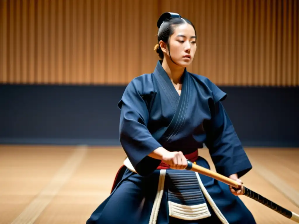 Imagen en 8k de un maestro de Kendo demostrando técnicas de respiración, con una expresión calmada pero determinada