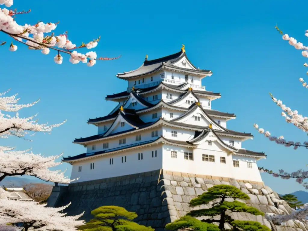 Imagen de la majestuosa importancia castillos samurai periodo Edo: Himeji Castle y los cerezos en flor, evocando la grandeza histórica de Japón