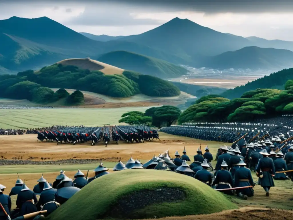 La imagen muestra la majestuosidad del campo de batalla de Sekigahara, con un ambiente sombrío y la presencia solitaria de Shimazu Yoshihiro