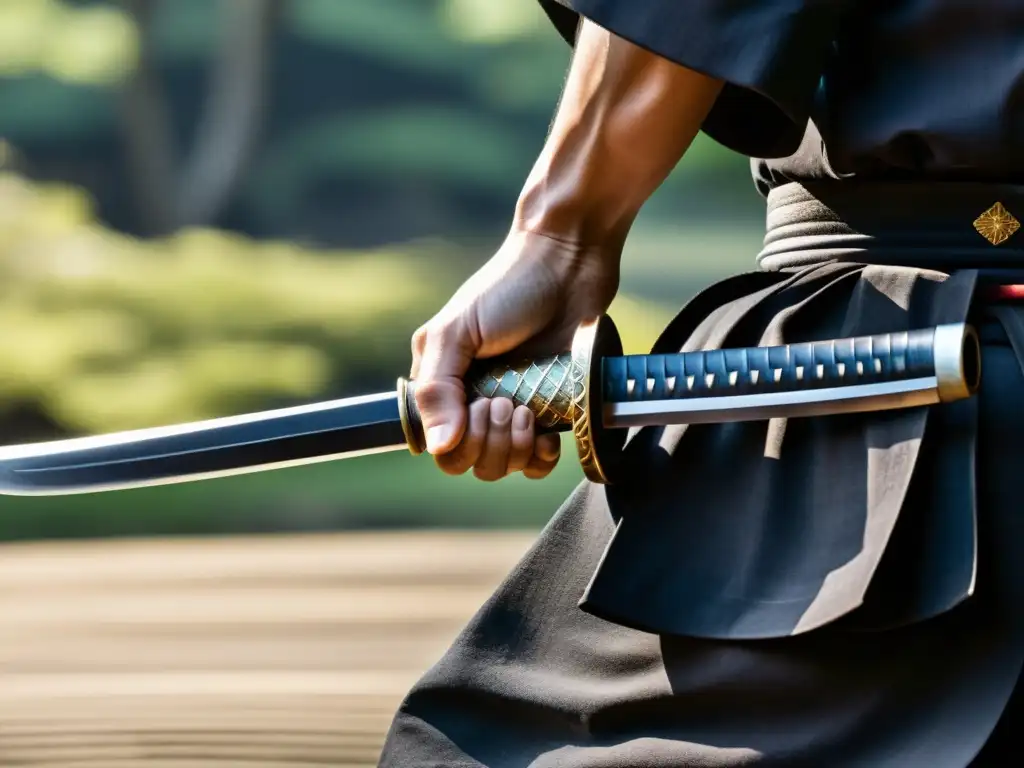 La imagen muestra la mano de un samurái firme en la empuñadura de una katana, parcialmente desenvainada