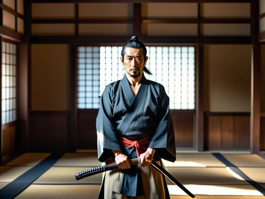 Imagen de Miyamoto Musashi, gran samurái en la historia, en un dojo japonés tradicional, en una escena intensa y serena