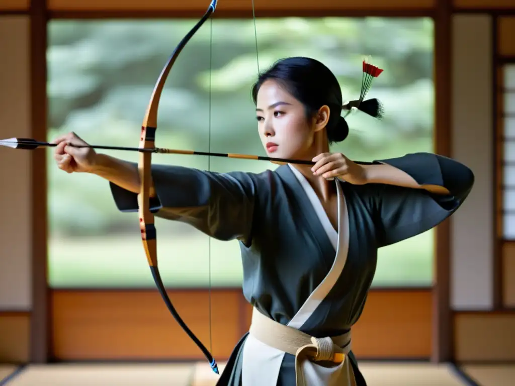 Imagen de Kyudo como meditación en movimiento: arquero concentrado con arco y flecha, envuelto en luz suave y atmósfera serena