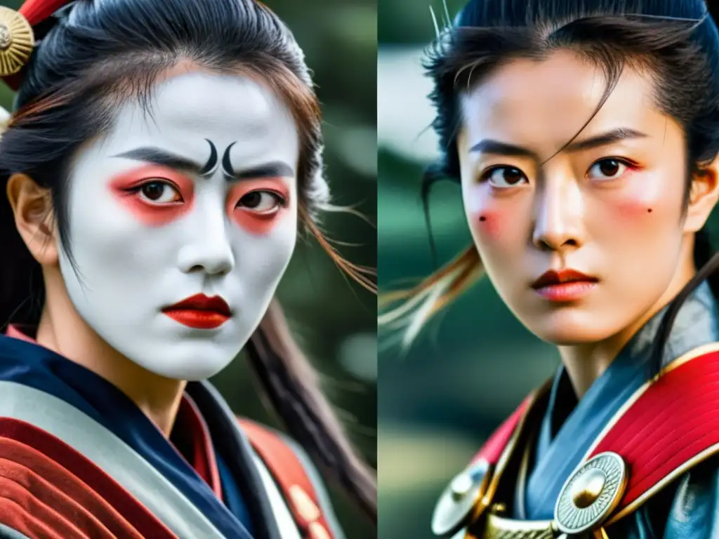 Imagen de dos mujeres samurái, Tomoe Gozen y Nakano Takeko, personificando el bushido con fuerza y determinación en su armadura tradicional