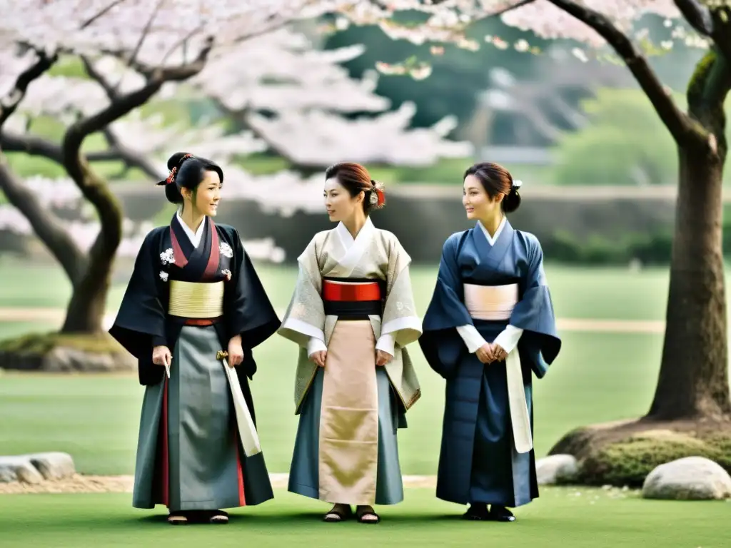 Imagen de mujeres samurái en un jardín, negociando con confianza