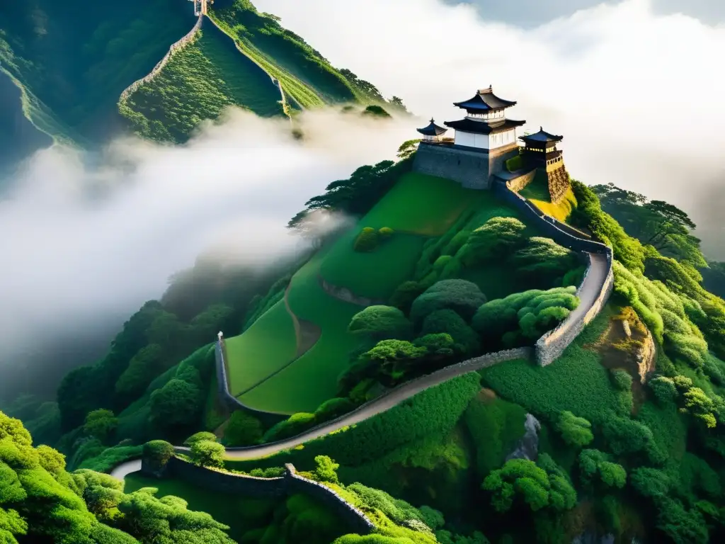 Imagen de un paisaje montañoso con niebla, un camino serpenteante conduce a un castillo japonés en un acantilado