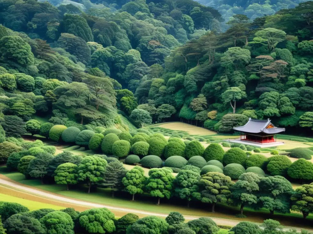 Imagen de paisaje sereno y bosques densos alrededor de la histórica batalla de Shiroyama, evocando la solemnidad y belleza natural del lugar