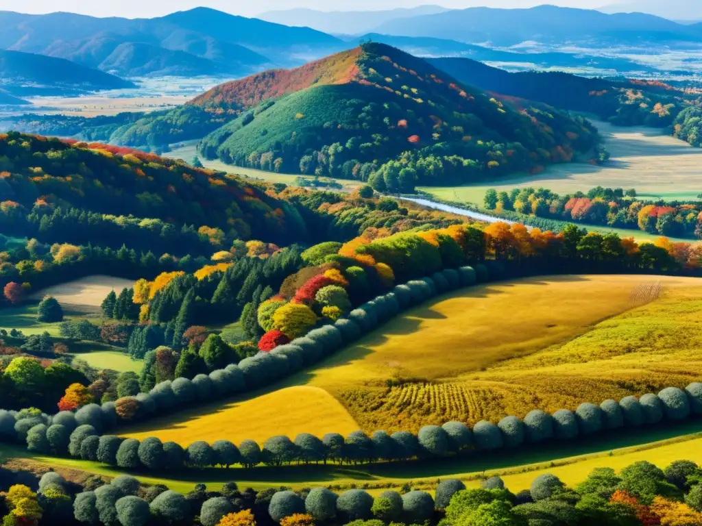 Imagen panorámica de la Batalla de Sekigahara, con paisaje sereno y toques de historia samurái en otoño