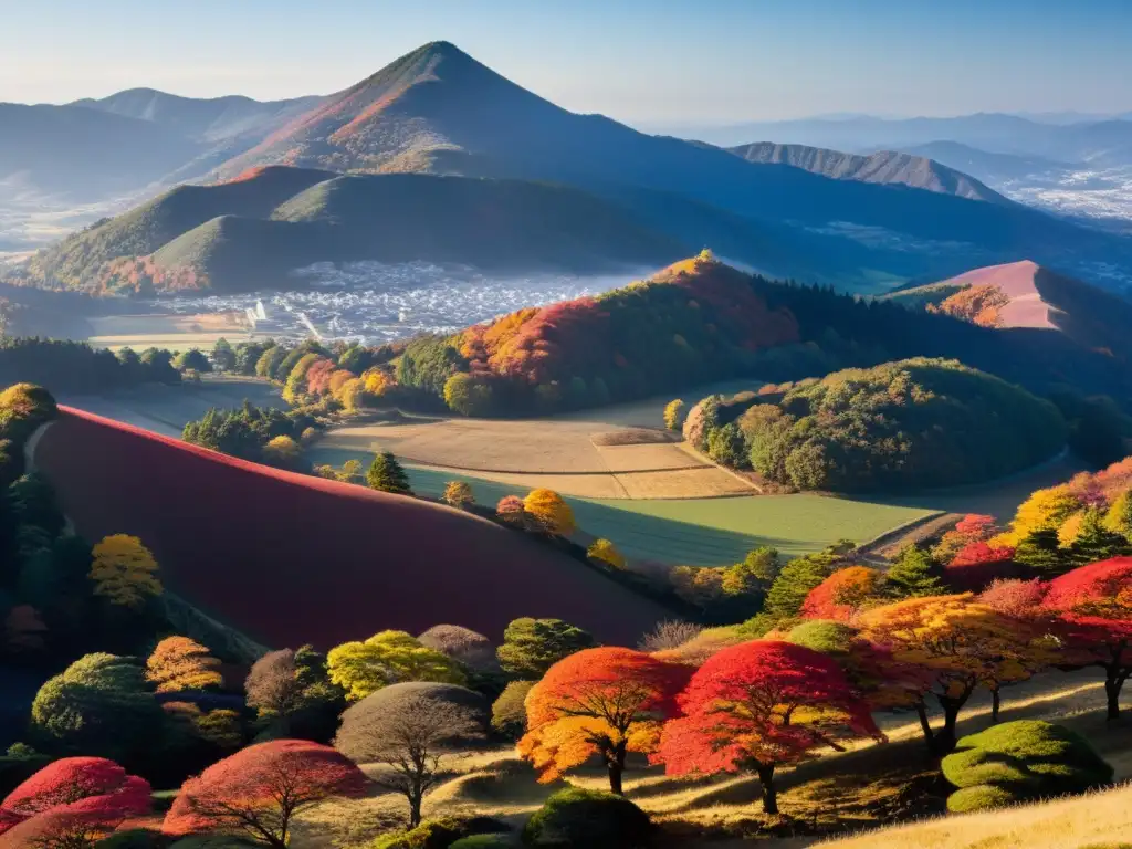 Imagen panorámica de los campos de batalla de Sekigahara, con paisajes de otoño y vestigios de la historia samurái