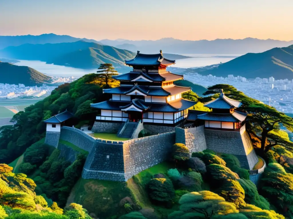 Imagen panorámica del Castillo Azuchi al atardecer, con detalles ultrarrealistas de su arquitectura de madera y muros de piedra