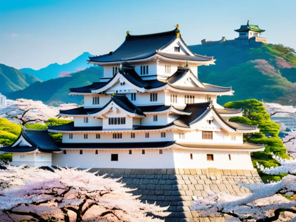 Imagen panorámica de alta resolución del Castillo de Himeji, rodeado de cerezos en flor