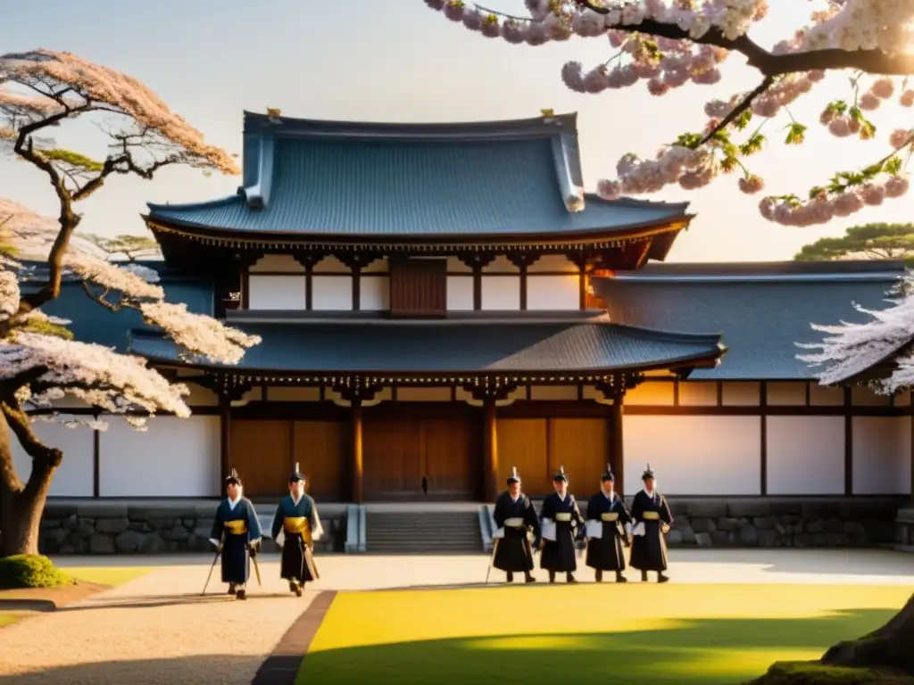 Imagen panorámica detallada del amanecer sobre el Palacio Imperial de Tokio, con árboles de cerezo en flor