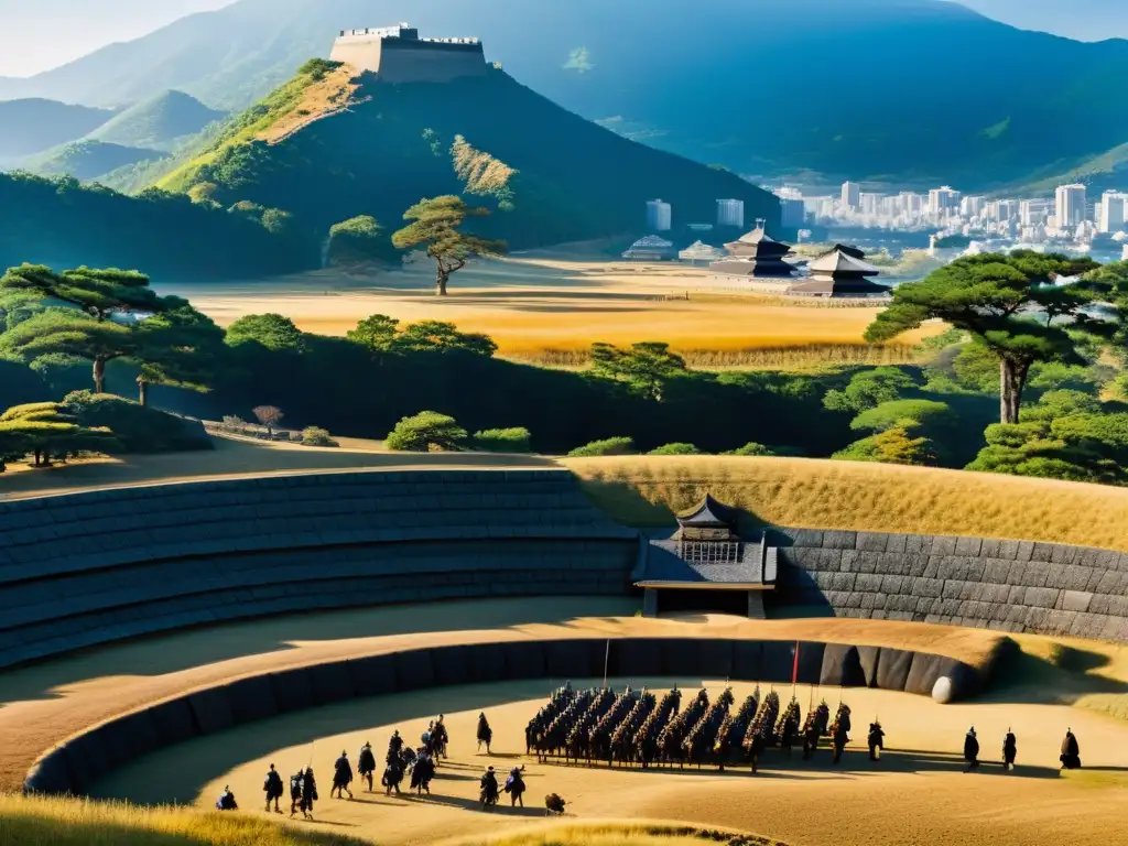 Una imagen panorámica detallada muestra el campo de batalla de Sekigahara, con restos de armaduras y armas samurái