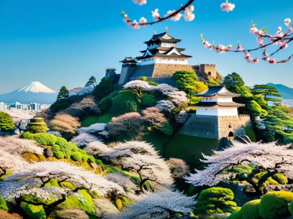 Castillo samurái y cerezos en flor Una imagen panorámica de un paisaje japonés tradicional con un majestuoso castillo samurái rodeado de cerezos en flor y un cielo azul