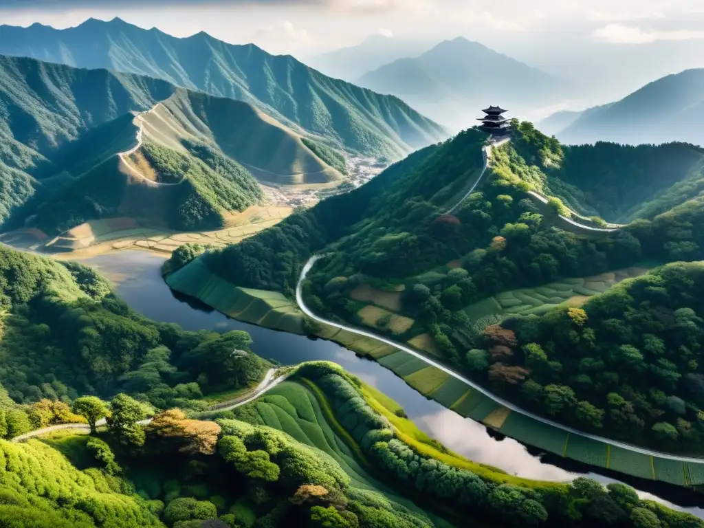 Imagen panorámica de un terreno montañoso en Japón, con ríos y castillo japonés en la distancia