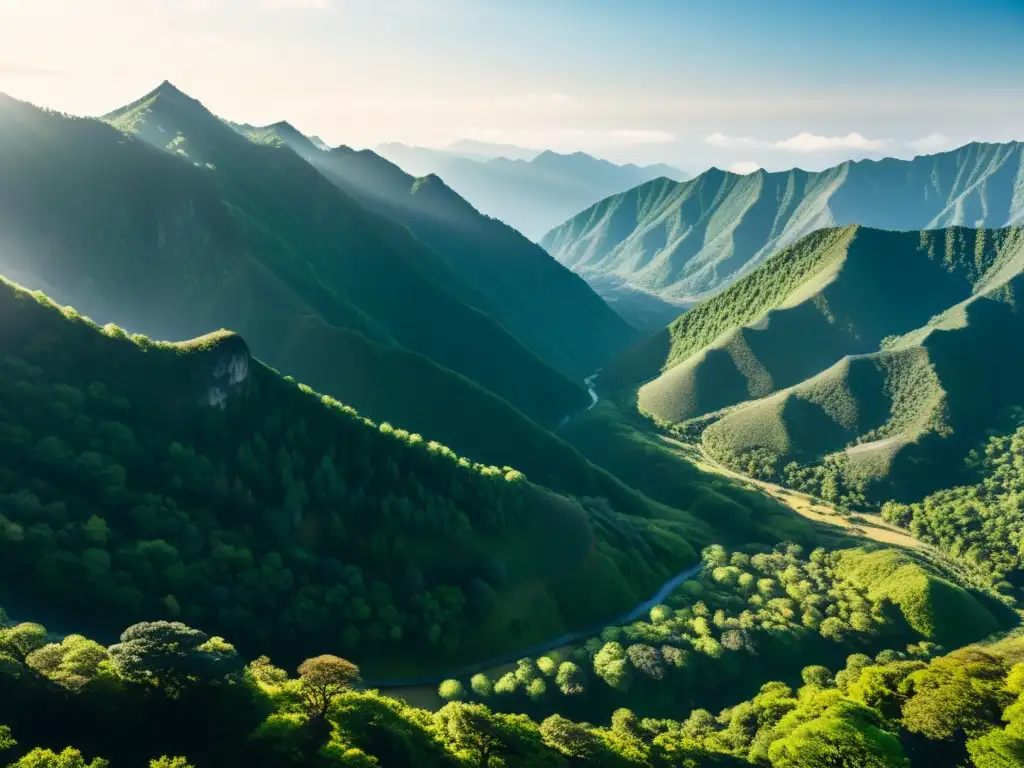 Imagen panorámica de un terreno montañoso en Japón feudal, con bosques antiguos y un ejército samurái