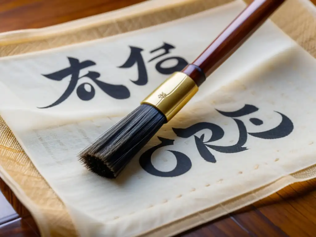 Una imagen de un pincel de caligrafía japonés sobre papel de arroz, mostrando la elegante escritura con tinta negra