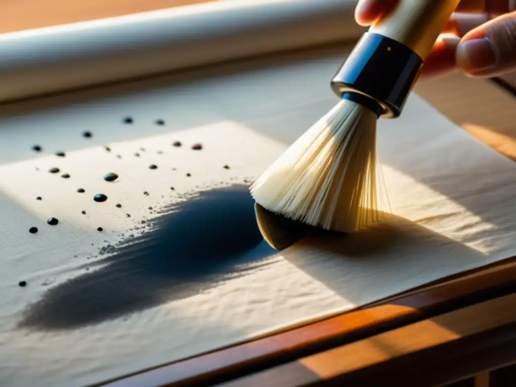 Una imagen con un pincel de caligrafía japonés sobre papel de arroz, creando delicadas pinceladas con tinta negra