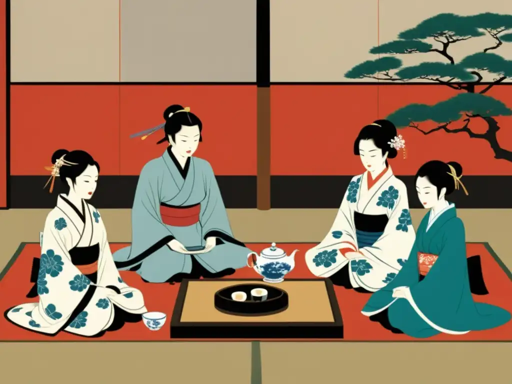 Imagen de una pintura japonesa de samuráis en una ceremonia del té, reflejando la influencia del confucianismo en la cultura samurái