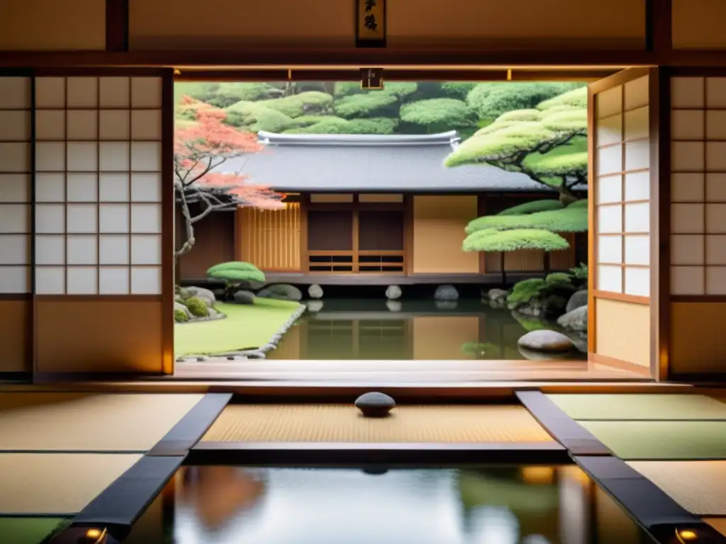 Imagen de una posada tradicional japonesa con jardín sereno, puente de madera sobre estanque y arquitectura icónica