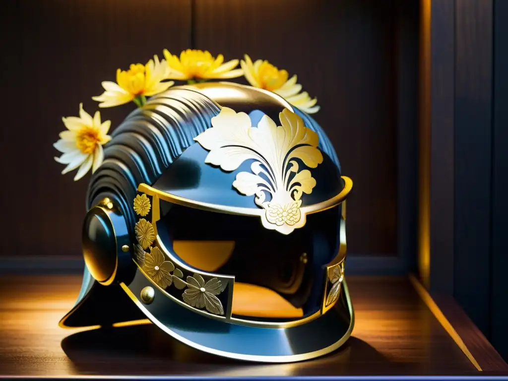 Imagen de alta resolución de un casco samurái con motivos de crisantemo dorado, resaltando la elegancia imperial de las armaduras samurái