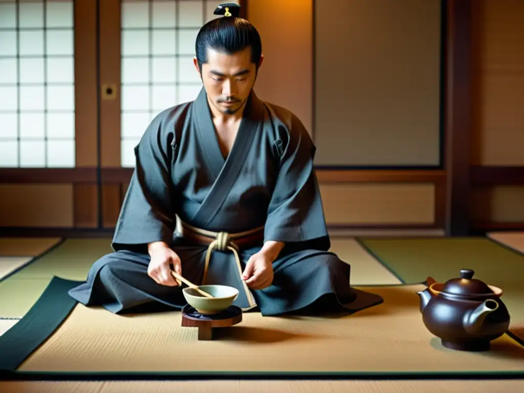 Imagen de alta resolución de una ceremonia del té japonesa con un samurái observando las delicadas movimientos del maestro del té