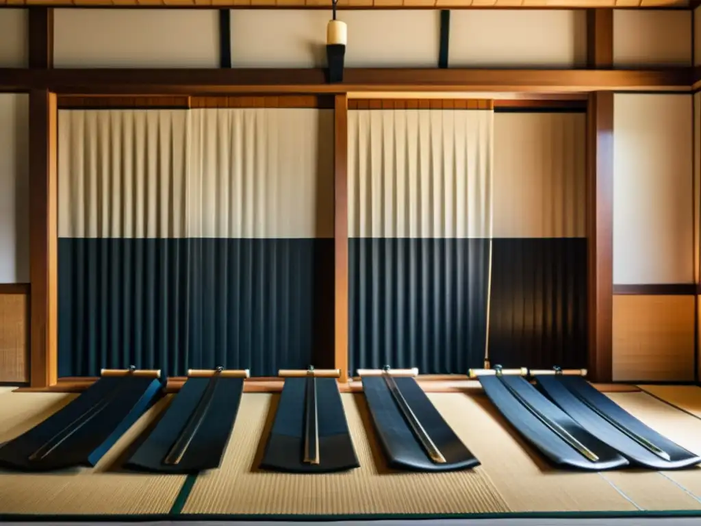 Imagen de alta resolución de un dojo japonés tradicional con armaduras de kendo y shinai en primer plano, y un sensei guiando a principiantes