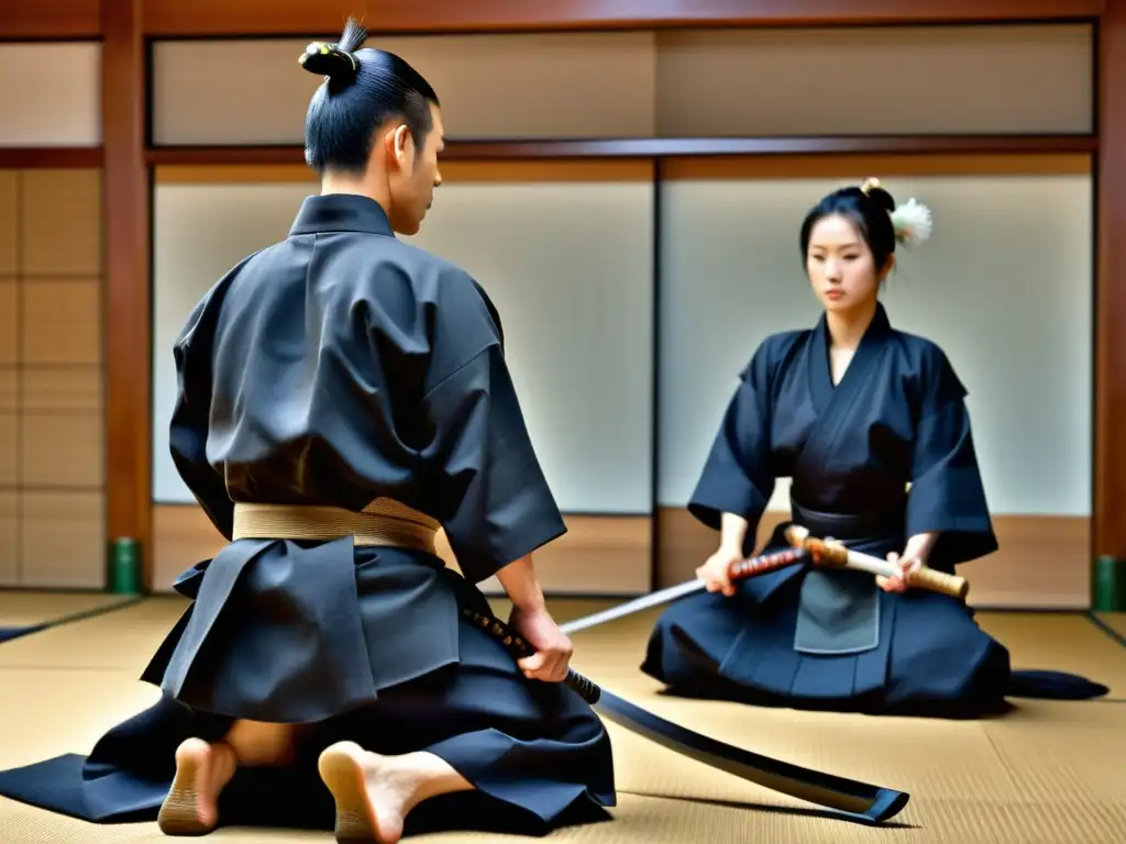 Una imagen de alta resolución de un dojo japonés tradicional con practicantes vestidos con atuendo ceremonial de iaido, realizando movimientos precisos y elegantes con espadas