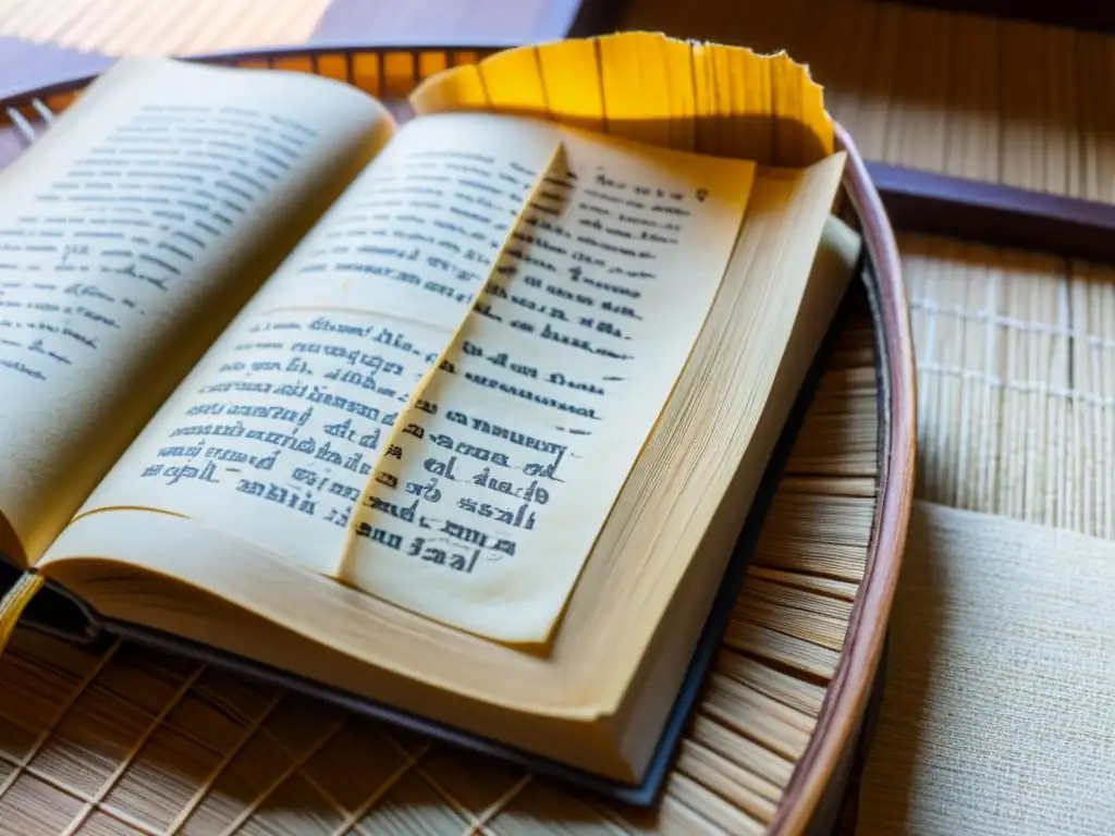 Antiguo libro 'El código del samurái' en tatami Una imagen de alta resolución de un ejemplar desgastado de 'El código del samurái' en un tatami tradicional