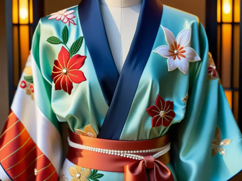 Una imagen de alta resolución de un kimono japonés tradicional con bordados intrincados y delicada tela de seda