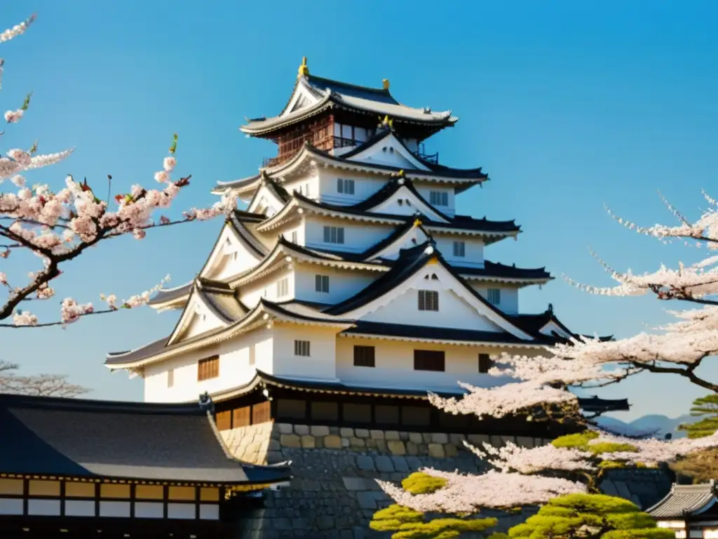 Imagen de alta resolución del majestuoso Castillo Himeji en Japón, rodeado de cerezos en flor