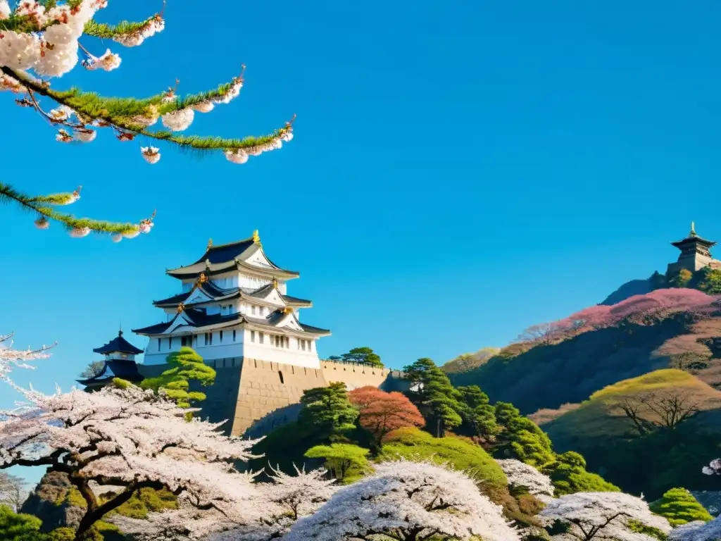 Imagen de alta resolución del majestuoso Castillo Aoba en Sendai, Japón, rodeado de vibrantes cerezos en flor y exuberante vegetación