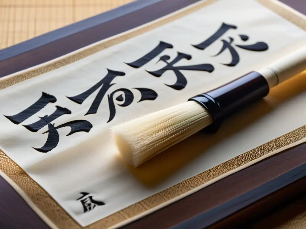 Una imagen de alta resolución de un pincel de caligrafía japonés sobre papel de arroz, con caracteres en haiku