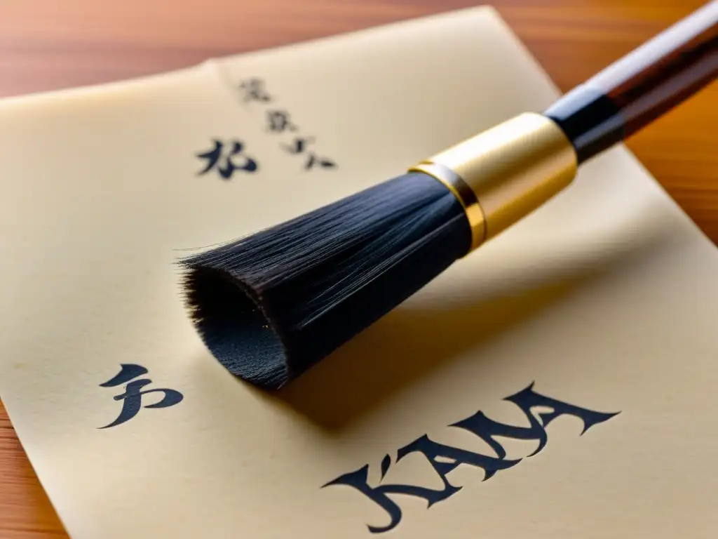 Una imagen de alta resolución de un pincel de caligrafía japonés sobre papel washi, con la palabra 'katana' en elegante tinta negra