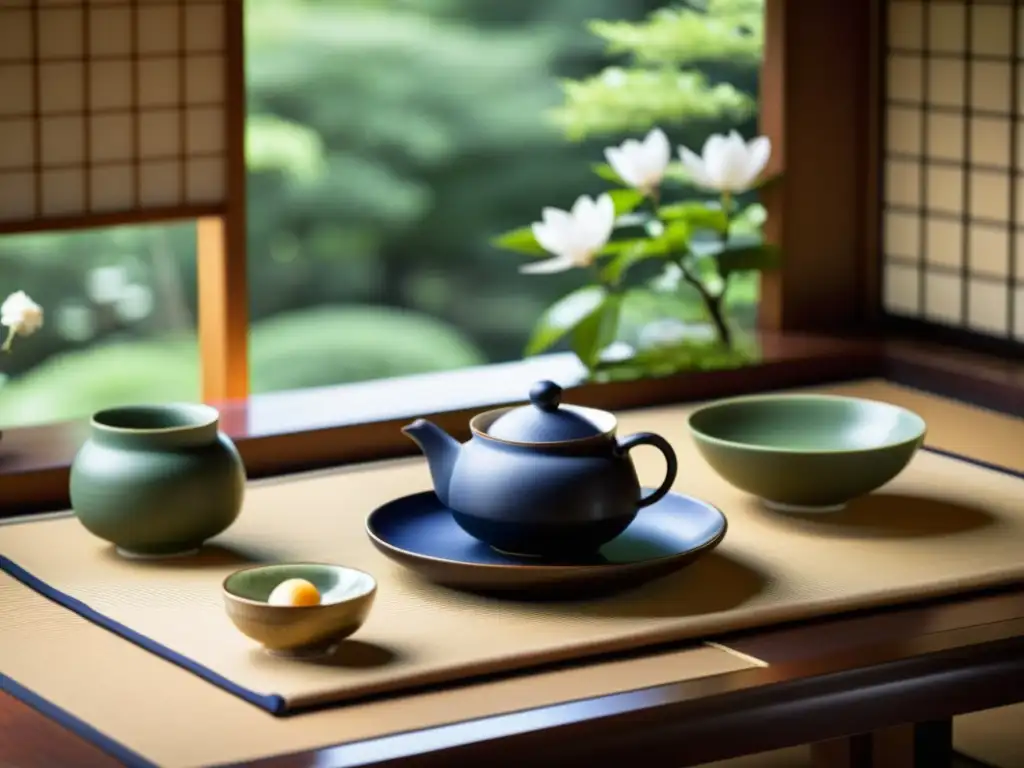 Imagen de un ritual del té samurái contemporáneo en una habitación serena con tatamis, tazas de porcelana y arreglos florales ikebana