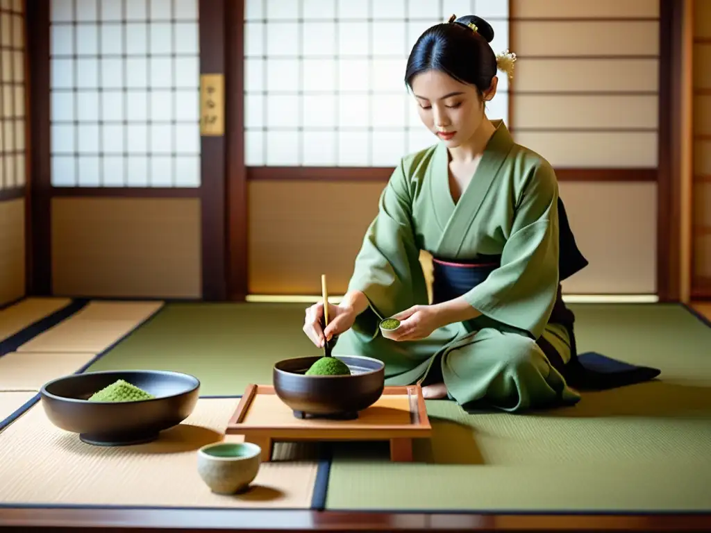 Imagen de un ritual del té samurái contemporáneo en una sala de tatami, con movimientos meticulosos y una atmósfera de elegancia y tranquilidad