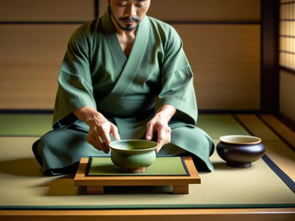 Imagen del ritual del té samurái: movimiento preciso y serenidad en una sala minimalista con luz natural