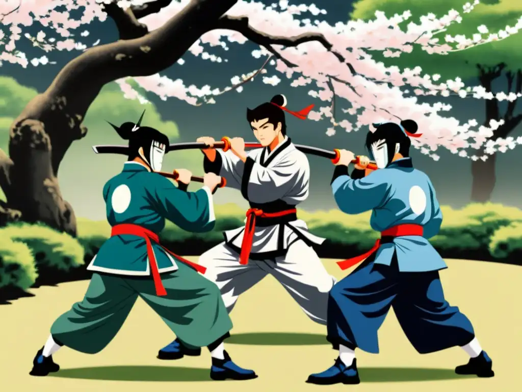 Imagen de ronin practicando artes marciales en un jardín sereno, destacando las habilidades de los ronin para sobrevivir