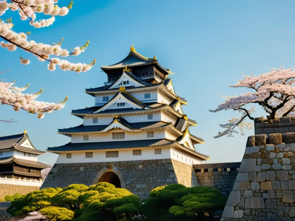 La imagen muestra las ruinas del Castillo de Osaka al atardecer con los cerezos en flor y Sanada Yukimura defendiendo Osaka