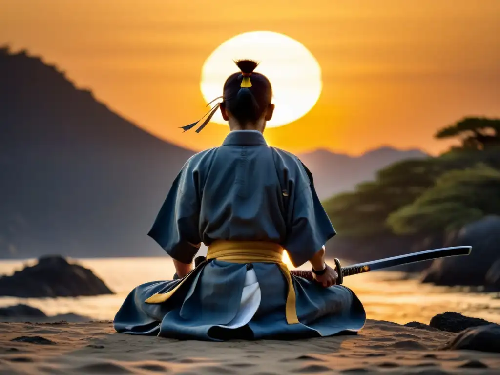 Imagen de la rutina diaria del Bushido: un samurái meditando y entrenando con su katana al amanecer, reflejando disciplina y honor