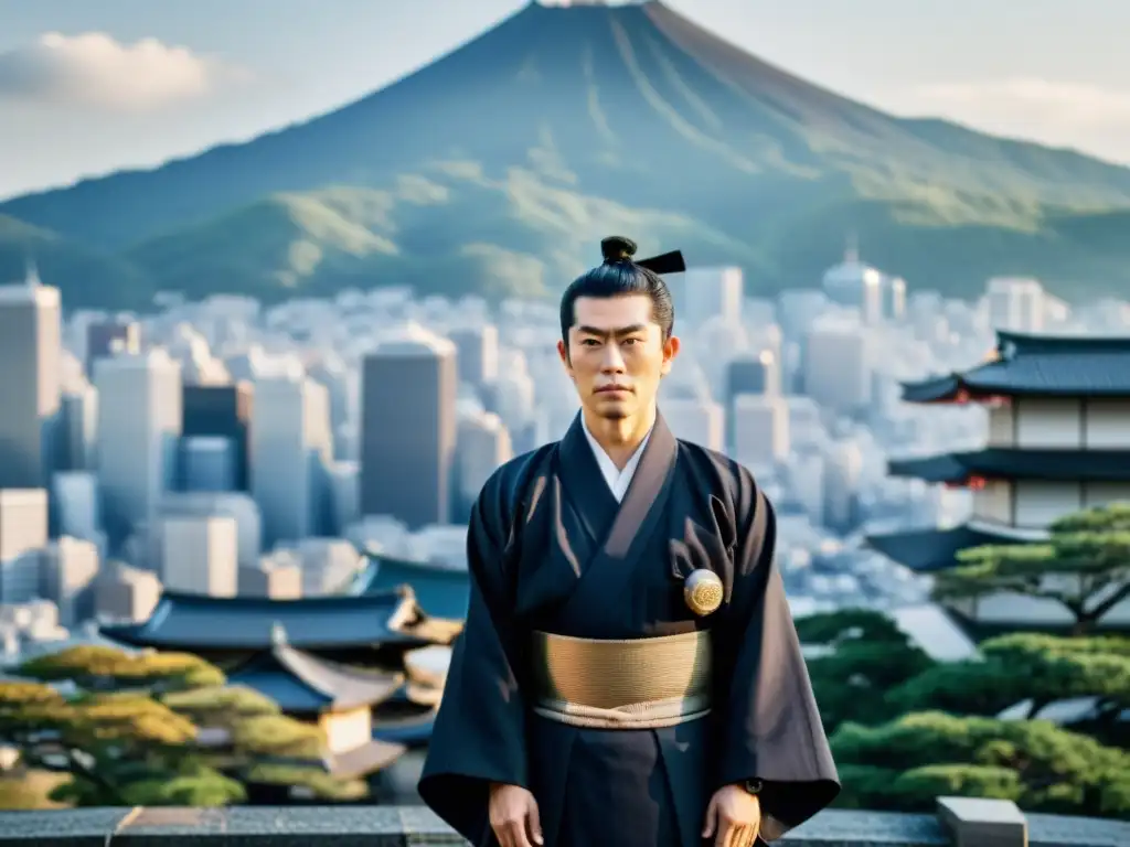 Imagen de Sakamoto Ryoma en traje tradicional japonés, con determinación en medio de la modernidad de Japón, capturando su época