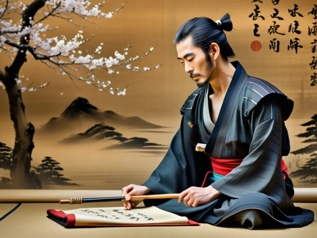 Samurái componiendo poema: Antigua perfección japonesa Imagen de un samurái en un antiguo pergamino japonés, representando la tradición del Jisei en samuráis con delicada caligrafía y paisaje sereno