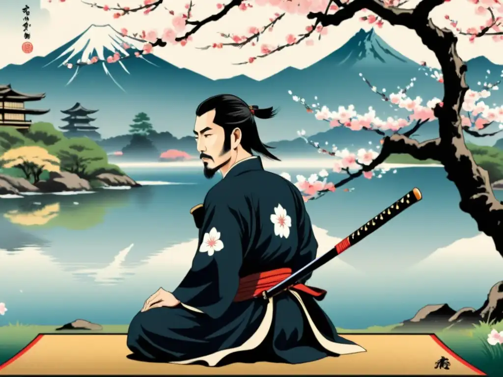 Imagen de un samurái meditando bajo un cerezo en flor, reflejando la filosofía del Bushido en sociedad