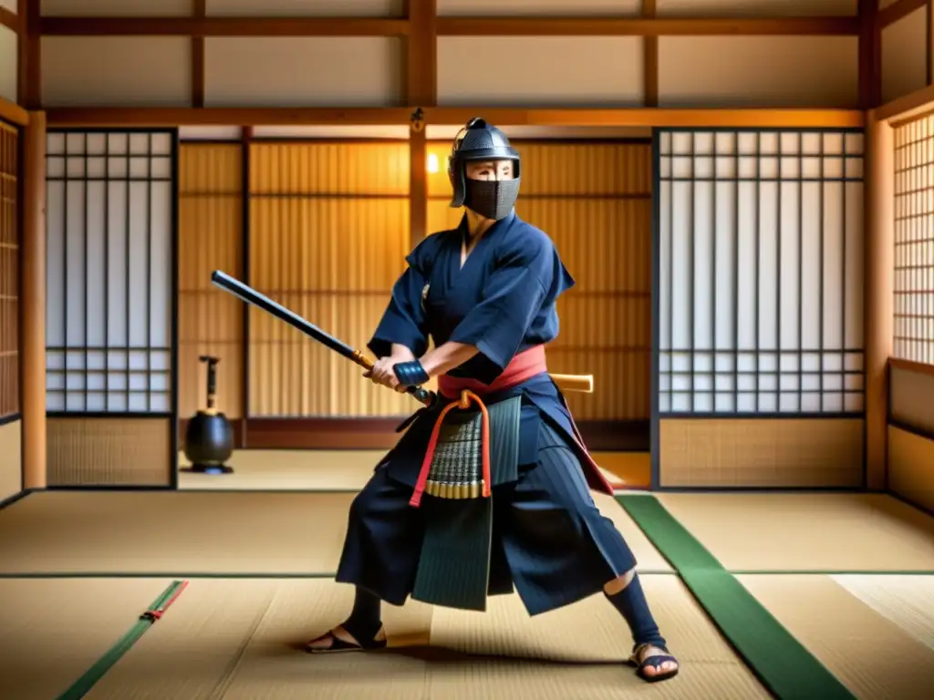 Imagen de un samurái practicando kendo en un dojo tradicional, reflejando la disciplina y honor del código bushido