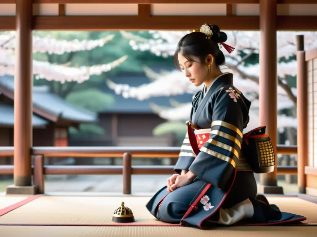 Imagen de una samurái femenina en oración en un santuario japonés, mostrando la espiritualidad femenina en la cultura samurái