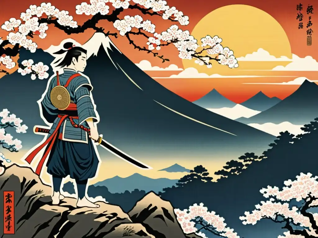 Imagen de un samurái en un paisaje dramático, influencia del arte ukiyo-e samurái